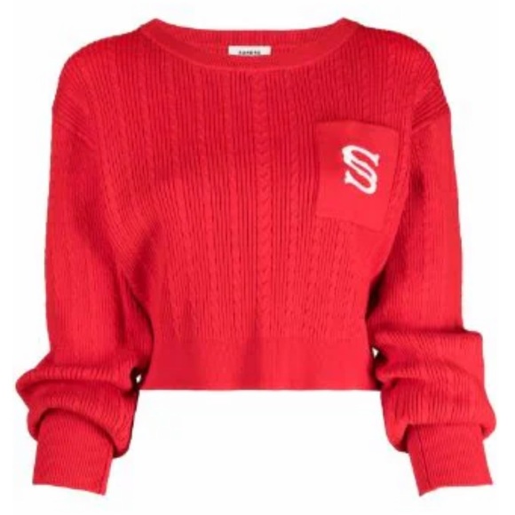 Sandro Paris Dorian Cropped Red Sweater Embroidered Monogram S Pocket Cable Knit - Picture 16 of 16